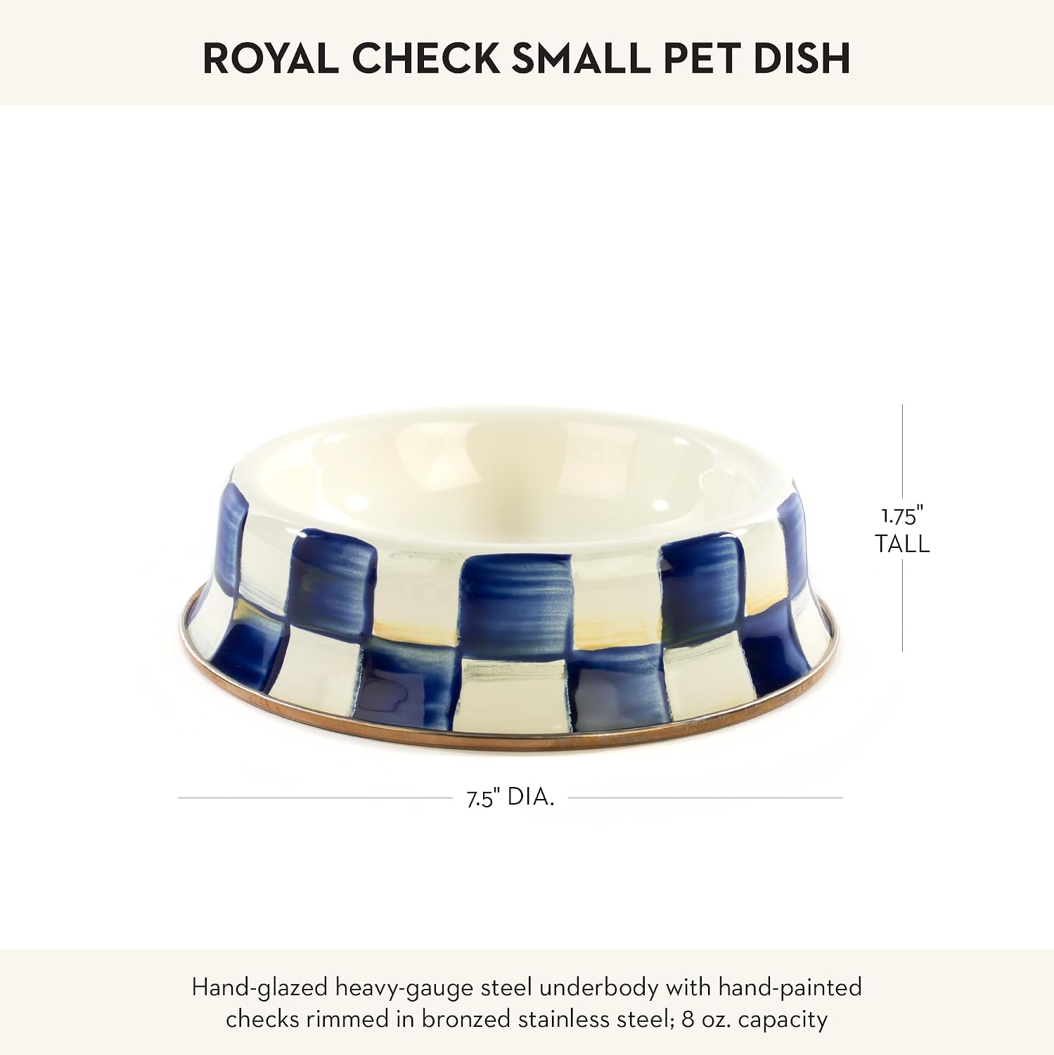 MACKENZIE-CHILDS Enamel Pet Dish, Large, Black-and-White Courtly Check | Decorative cat and dog bowl for food and water, 40-ounce capacity