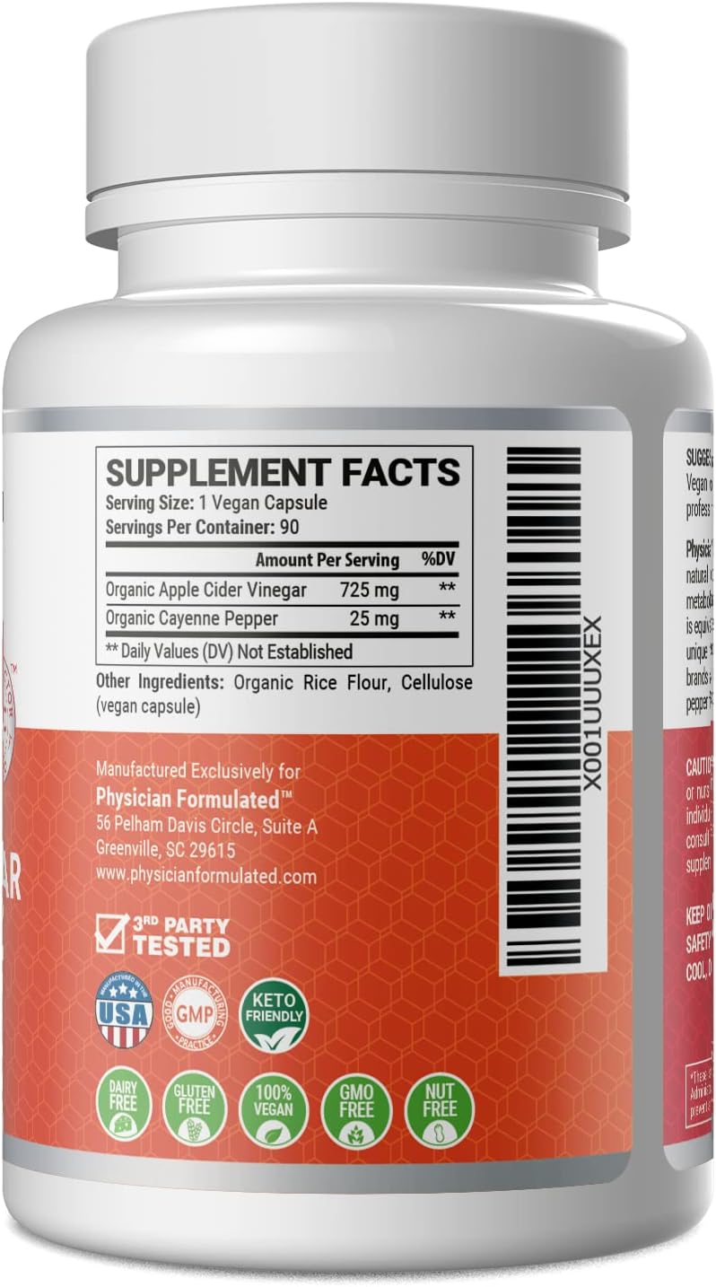 100% Organic Apple Cider Vinegar Capsules 750mg in just 1 Pill Pure Raw Apple Cider Vinegar with Cayenne Pepper for Natural
