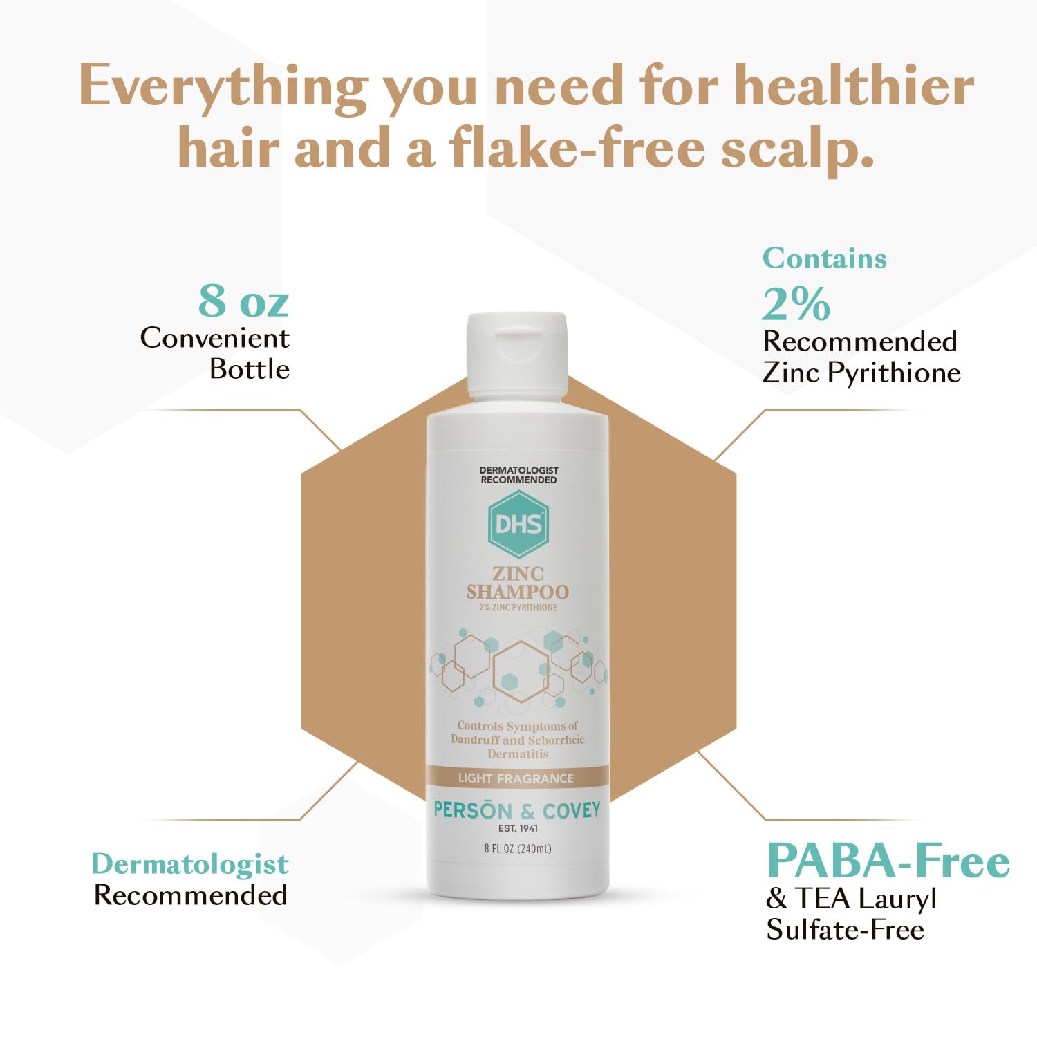 DHS Zinc Shampoo – Dandruff Shampoo – for Flaky and Dry Scalp with 2% Zinc Pyrithione, 8 oz