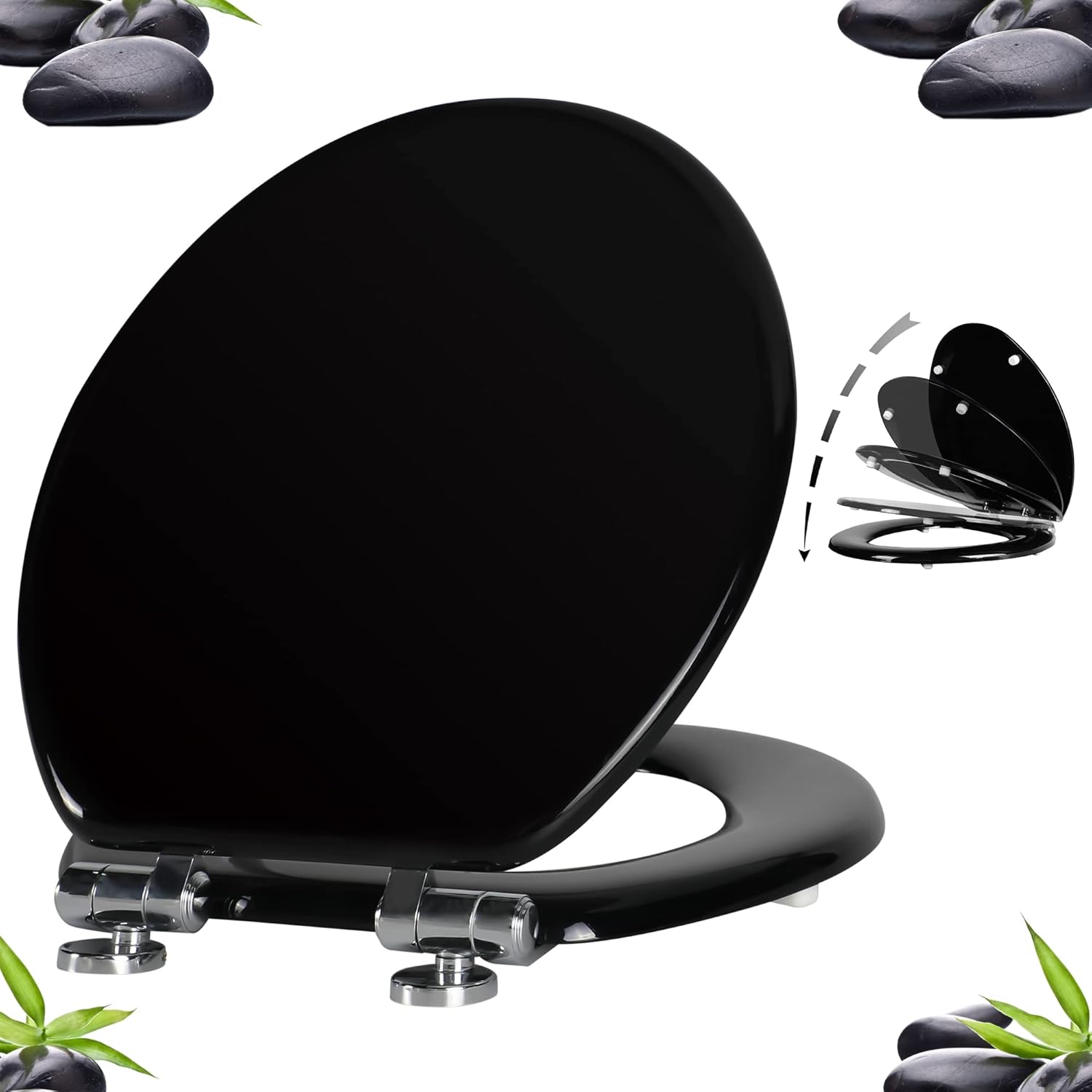 Angel Shield Toilet Seat with Zinc Alloy Hinges Quiet-Close Quick-Release Wood Molded UV Lid Easy Clean(Elongated,Black)