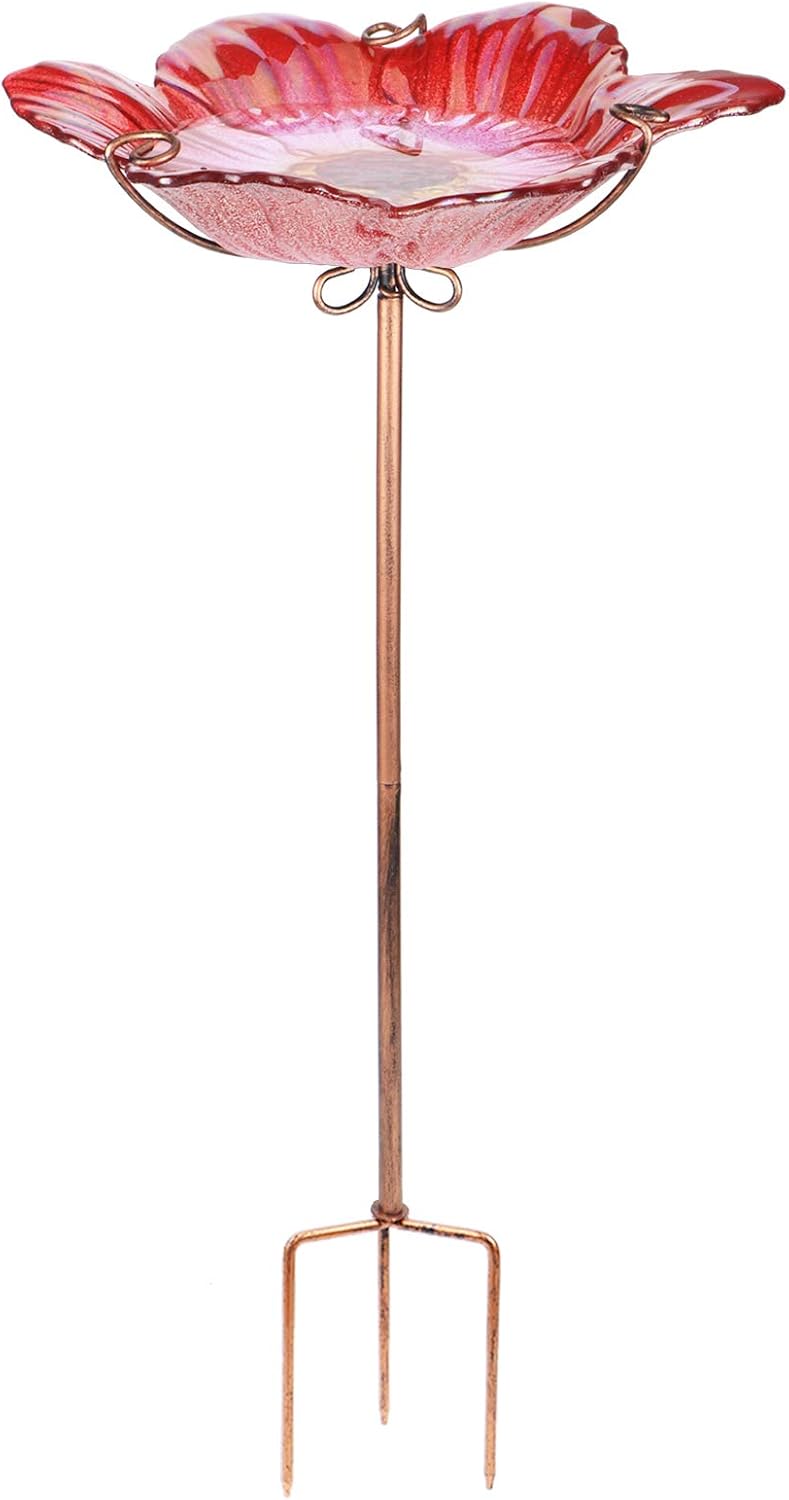 26" Glass Bird Bath, Outdoor Birdbath Bird Feeder Green Flower Metal Stake