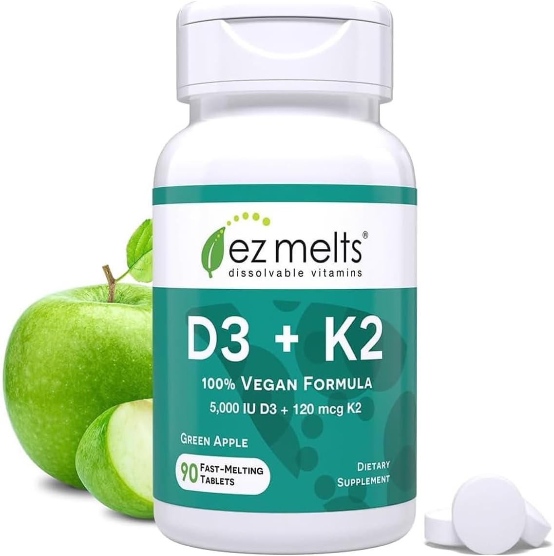 EZ Melts Dissolvable Vitamin D3 5,000 IU - Vegan Vitamin D Supplement for Bone & Teeth Support - No Artificial Flavors - Plant-Based & Non-GMO - Green Apple - 90 Dissolvable Tablets (90 Servings)