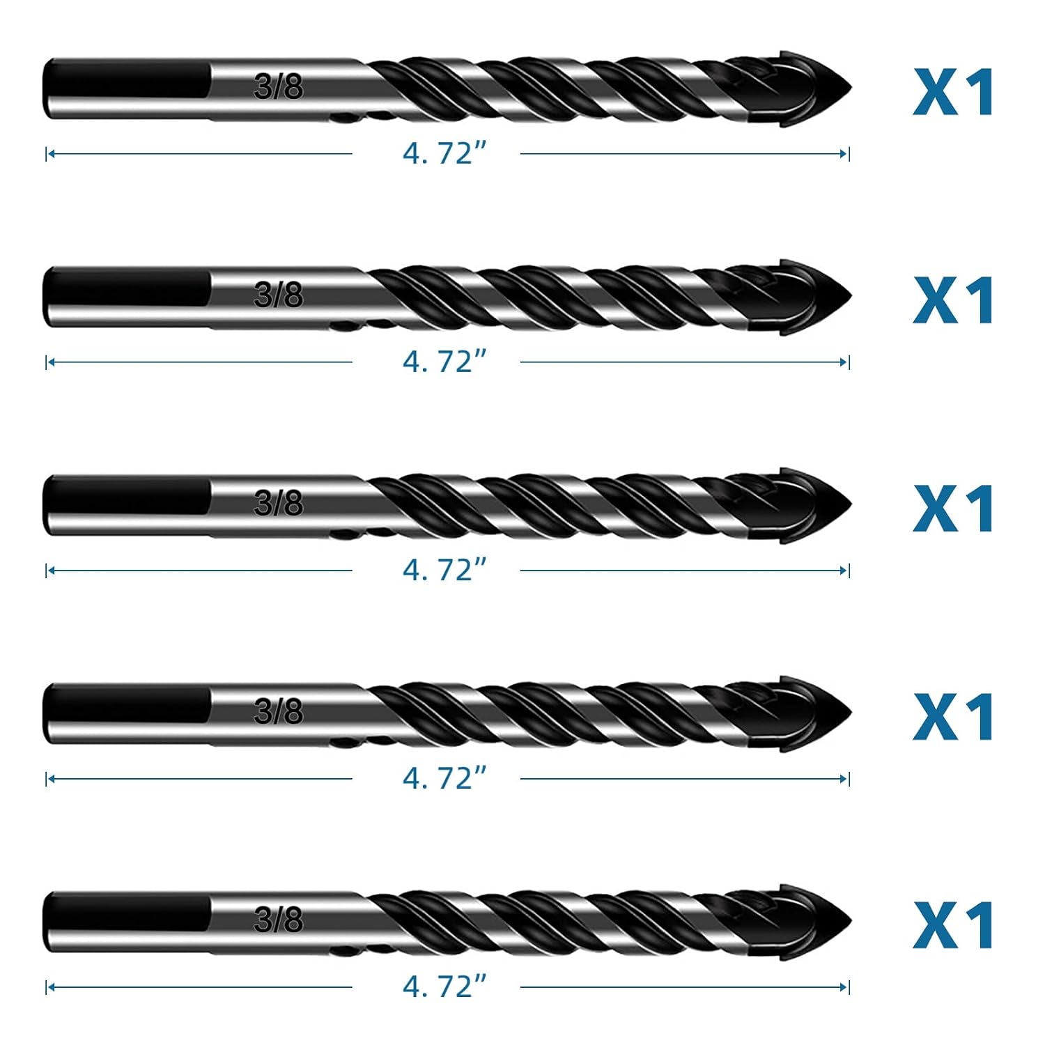 10-Piece Masonry Drill Bit Set for Concrete Tile Glass Ceramic Brick, 1/8 to 1/2 Inch Drilling Bits with Triangle Handle
