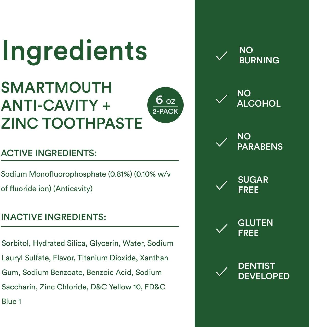 SmartMouth Anti-Cavity + Zinc Toothpaste - Fluoride Toothpaste for Cavity Prevention - Remineralizes Enamel - Sensitive Whitening - Alcohol-Free