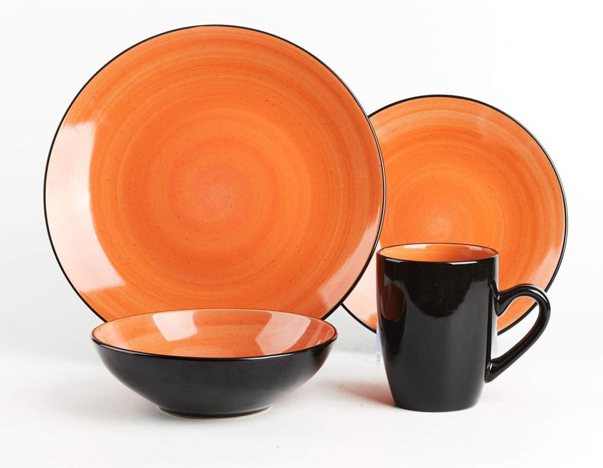 HomeVss, Sonoma Stoneware Dinnerware Set, Outside Black + Inside Hand Painting Color (16pc Set, Grey)