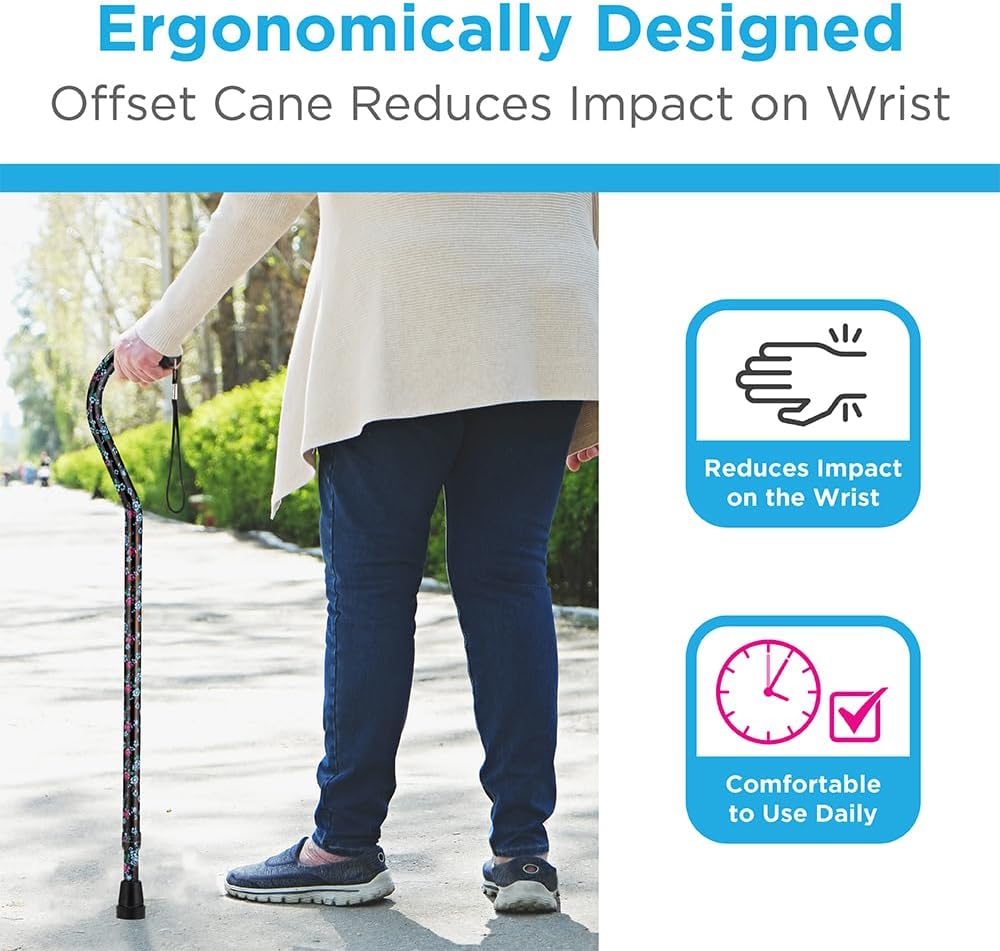 NOVA Designer Walking Cane with Offset Handle, Lightweight Adjustable Walking Stick with Carrying Strap, “Maui Flowers” Design