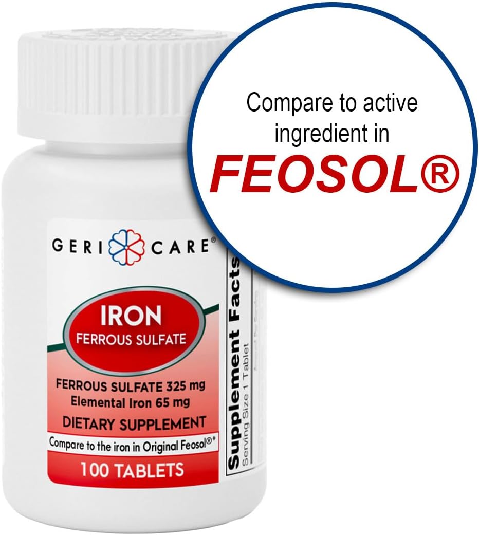 GeriCare Ferrous Sulfate Tablets 325mg, Elemental Iron 65 mg High Potency Iron Supplement | Dietary Supplement 100 Count. (Pack of 1)
