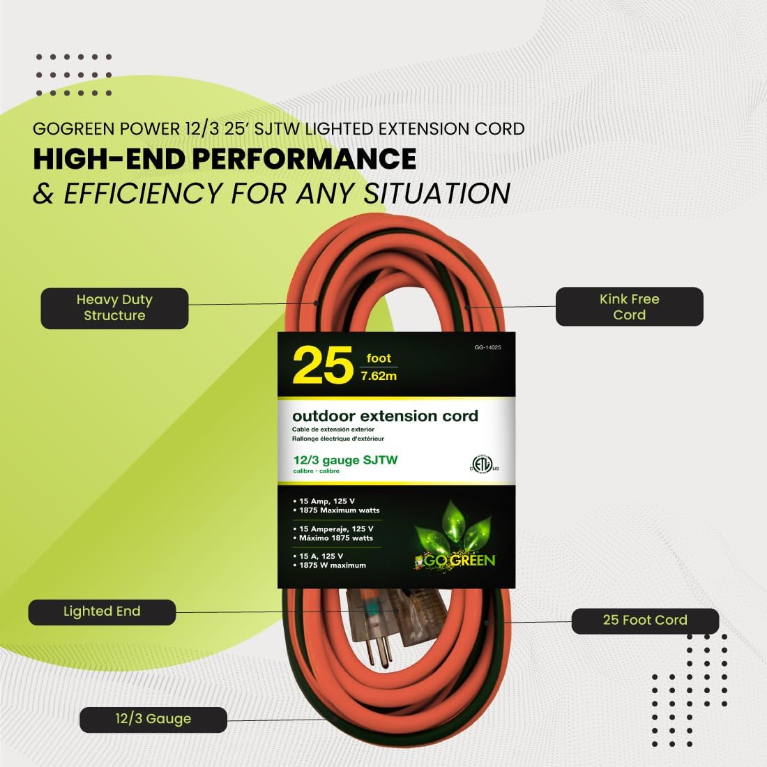 Go Green Power Inc. (GG-14025) 12/3 SJTW Outdoor Extension Cord, Lighted End, 25 ft