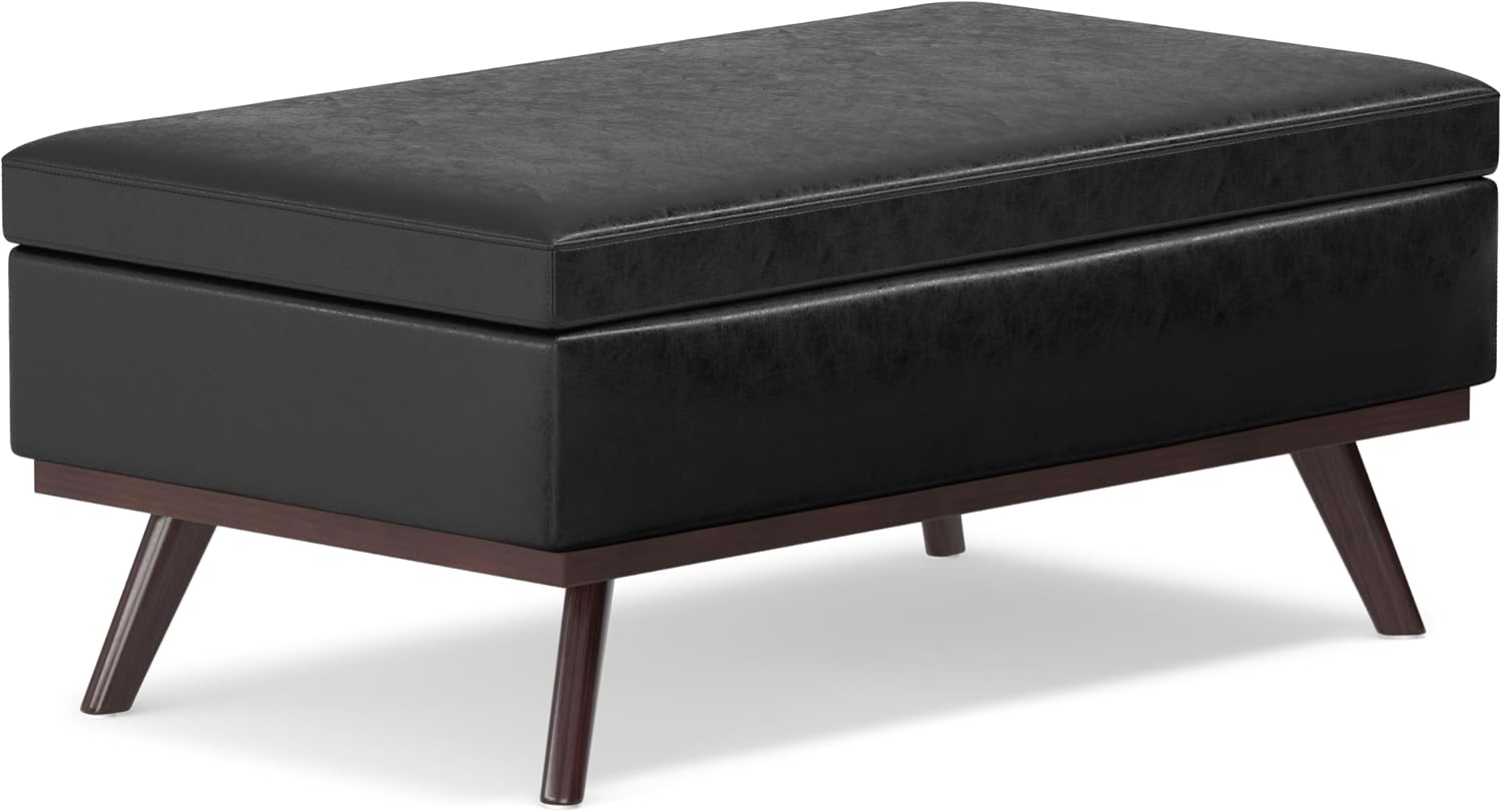 SIMPLIHOME Owen 34" Wide Vegan Leather Lift Top Ottoman in Dark Blue