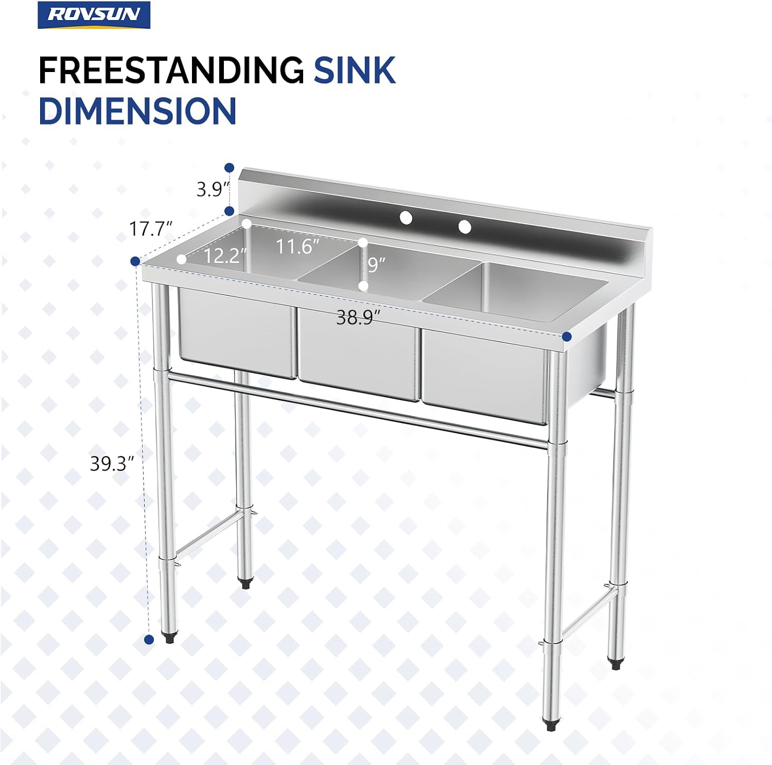 Bonnlo 3-Compartment NSF 304 Stainless Steel Utility Sink Commercial Grade Laundry Tub Culinary Sink for Outdoor Indoor, Garage, Restaurant, Kitchen