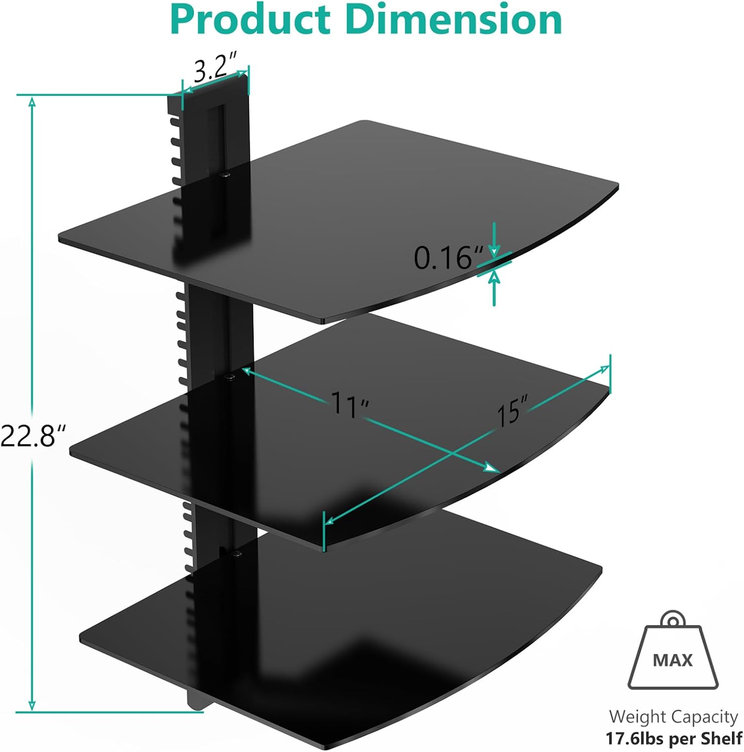 WALI Floating TV Shelf, 2 Tier Glass Projector Shelf for DVD Players, Routers, Game Consoles, Cable Boxes, Living Room Decor, Wall Mount Shelves Hold Up to 17.6lbs (CS202B), 2-Shelf, Black