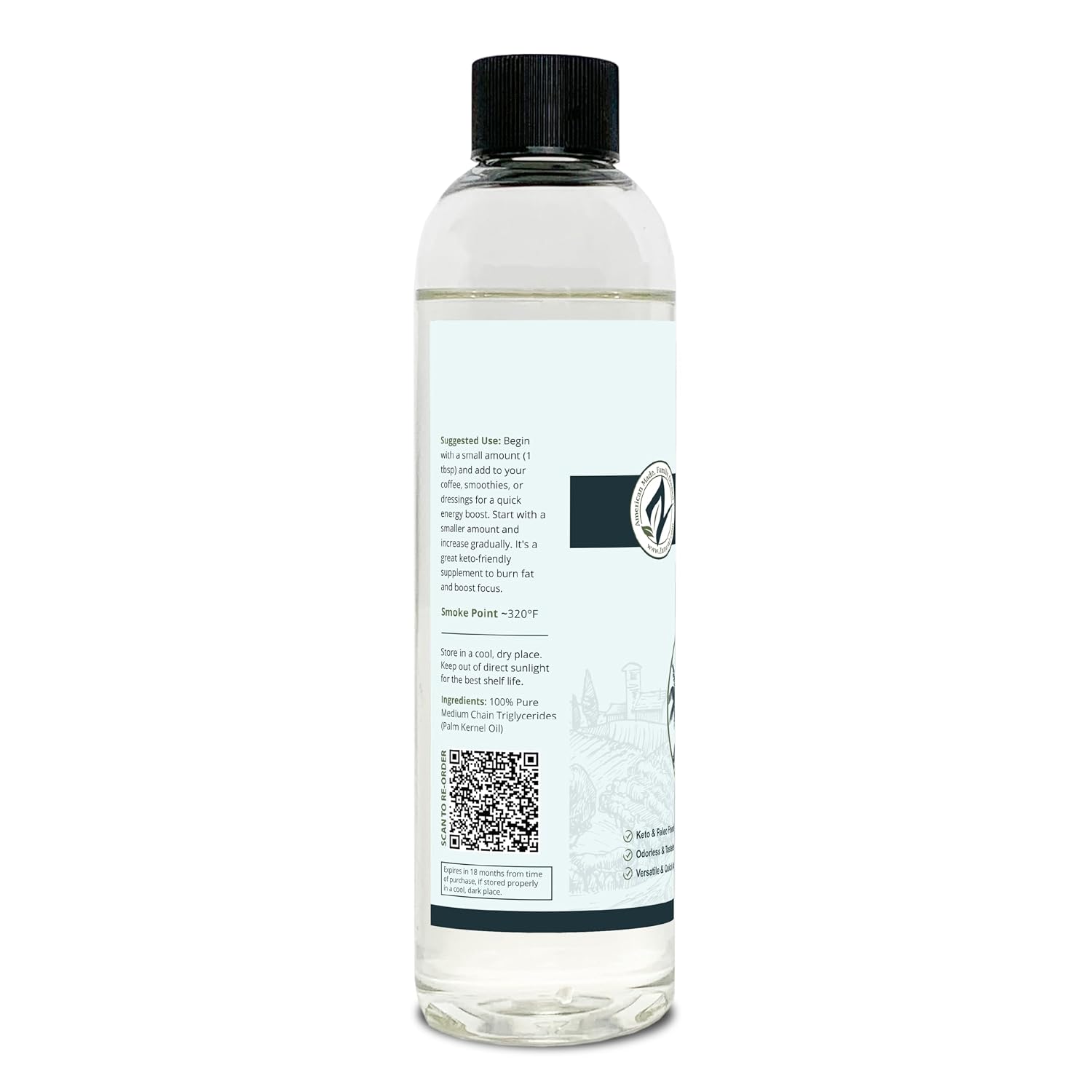 Pure MCT Oil, Carrier, Massage, Hydrating, Hair, Food, and Therapeutic Grade, 8 Oz