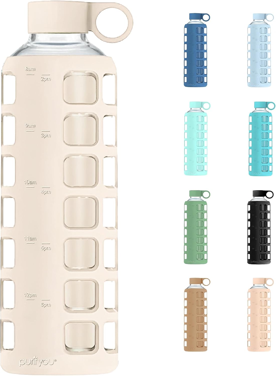 purifyou 40oz / 32oz / 22oz / 12oz Borosilicate Glass Water Bottle with Time & Volume Markers, Silicone Sleeve