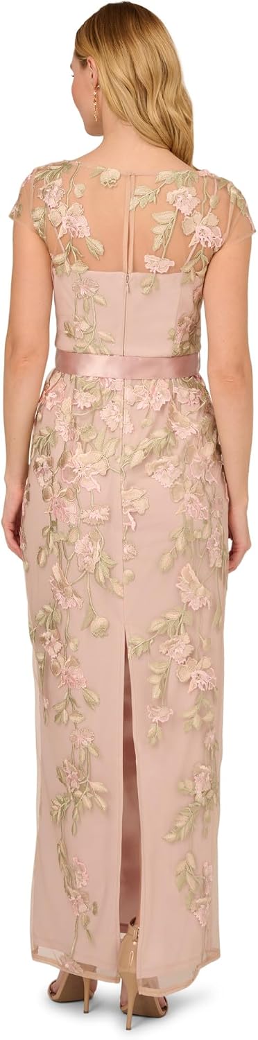 Adrianna Papell Cascading Floral Embroidered Long Column Gown