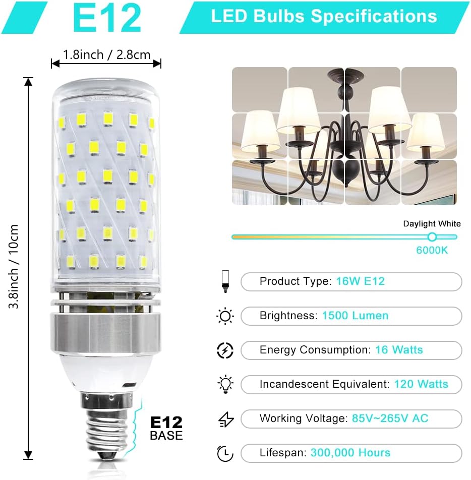 LEDLightsWorld Super Bright E12 LED Corn Bulbs, 16W 1500LM Bulbs, Daylight White 6000K Lights, CRI80+, 120W Incandescent Bulb Equivalent