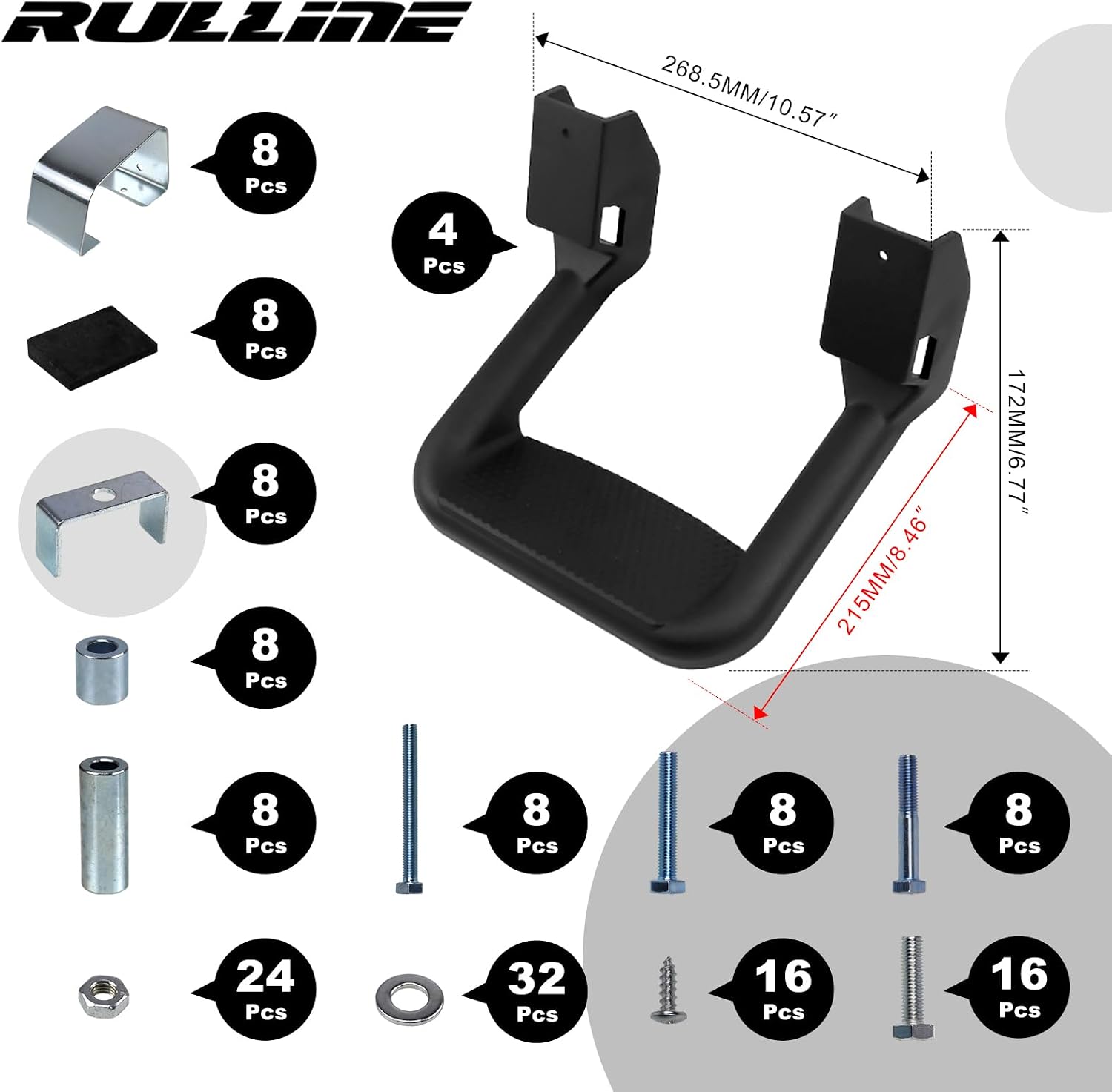 RULLINE Black Side Step Set Compatible with Chevy/Toyota/Dodge/GMC/Jeep | Black powder-coated steel resists rust. Includes mounting brackets. 4-piece set (1 pair). Fits most full-size trucks