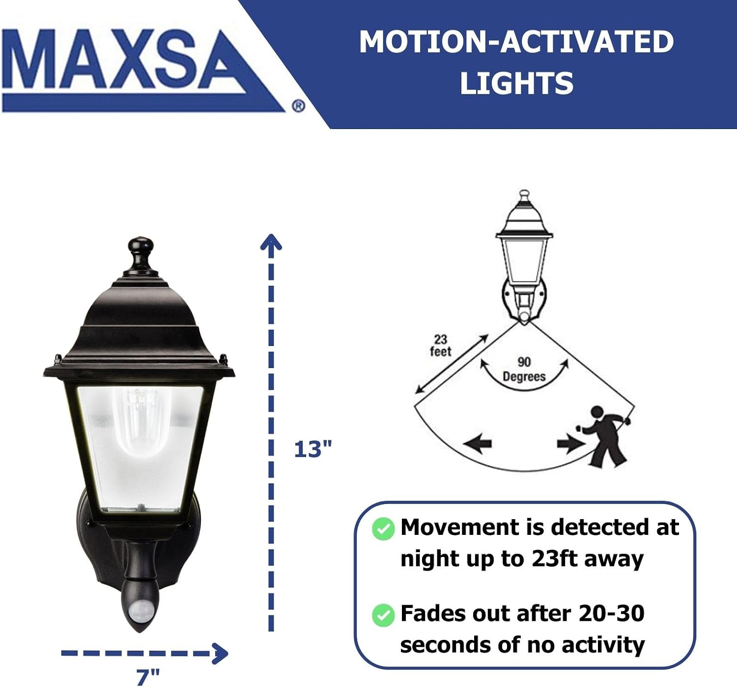 Maxsa 44219 Premium Wireless Battery-Powered Motion-Activated Decorative Outdoor Wall Sconce Lighting Fixture, Cool White LED, Metal Housing, Black