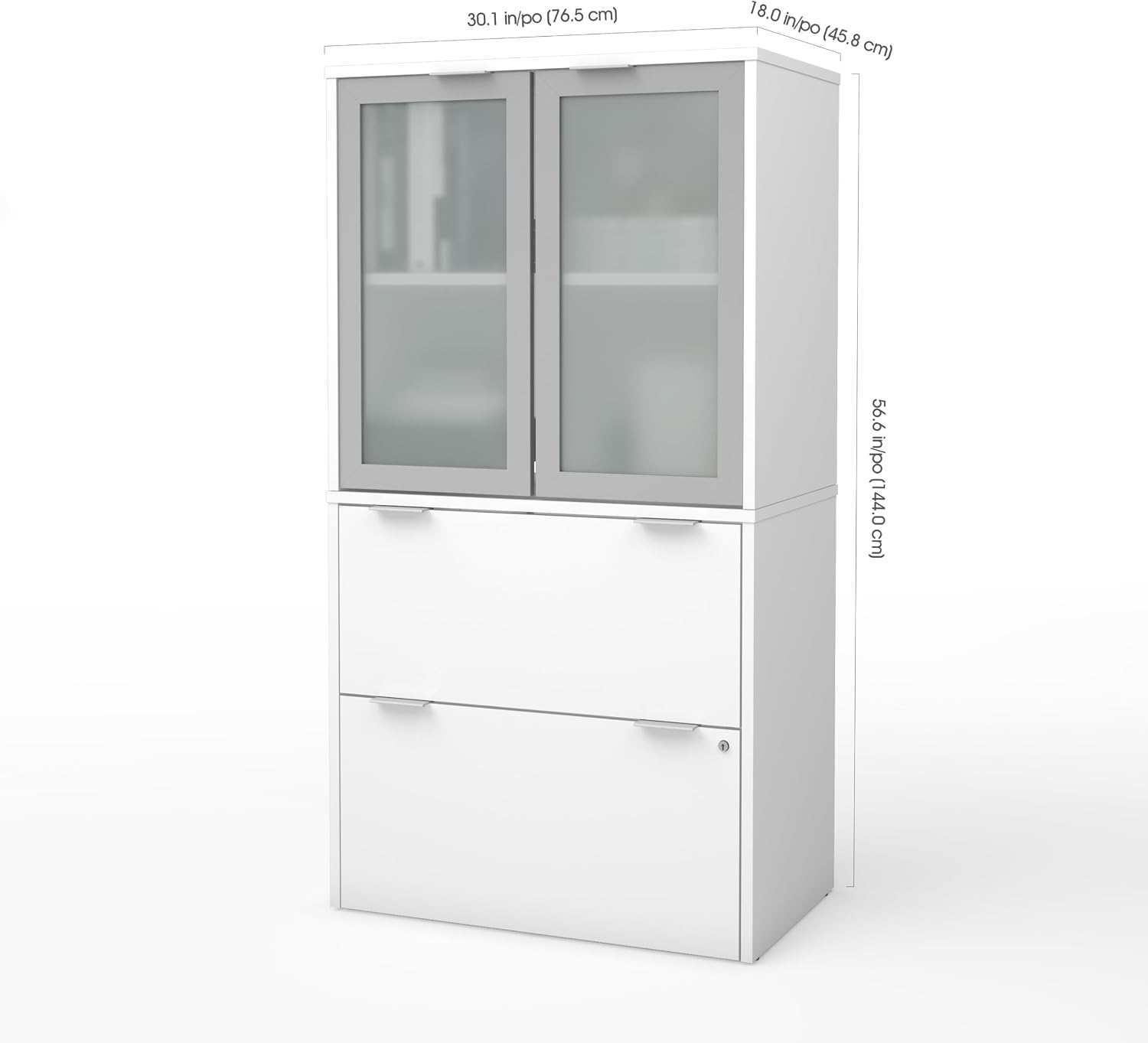 Bestar i3 Plus 31W Lateral File Cabinet with Frosted Glass Doors Hutch in White | With Frosted Glass Doors Hutch, ball-bearing drawer slides