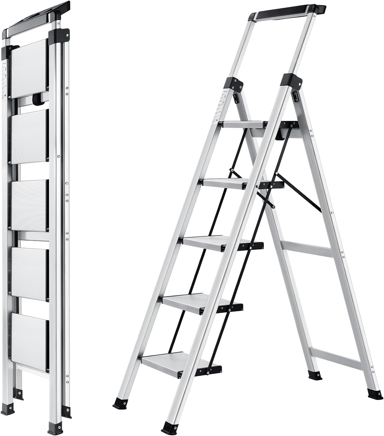 XinSunho 3 Step Ladder, Aluminum Folding Stool with Retractable Handgrip