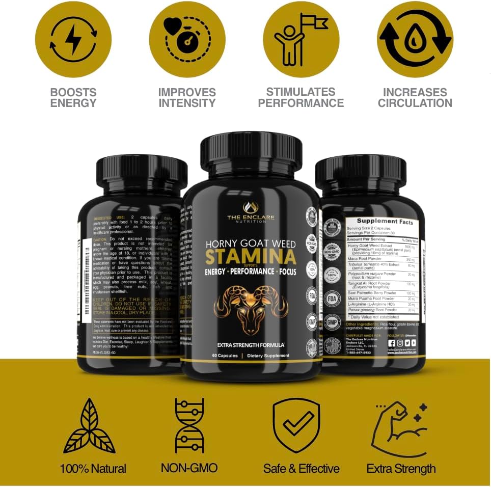 THE ENCLARE NUTRITION Horny Goat Weed for Men & Women with Maca Root Extract, Tribulus, L-Arginine, Ginseng