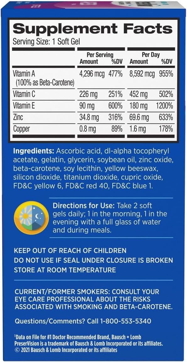 PreserVision AREDS Eye Vitamins, #1 Eye Doctor Recommended Brand, Multivitamin with Copper, Vitamin A, C & E, Zinc Supplements, 120 Softgels