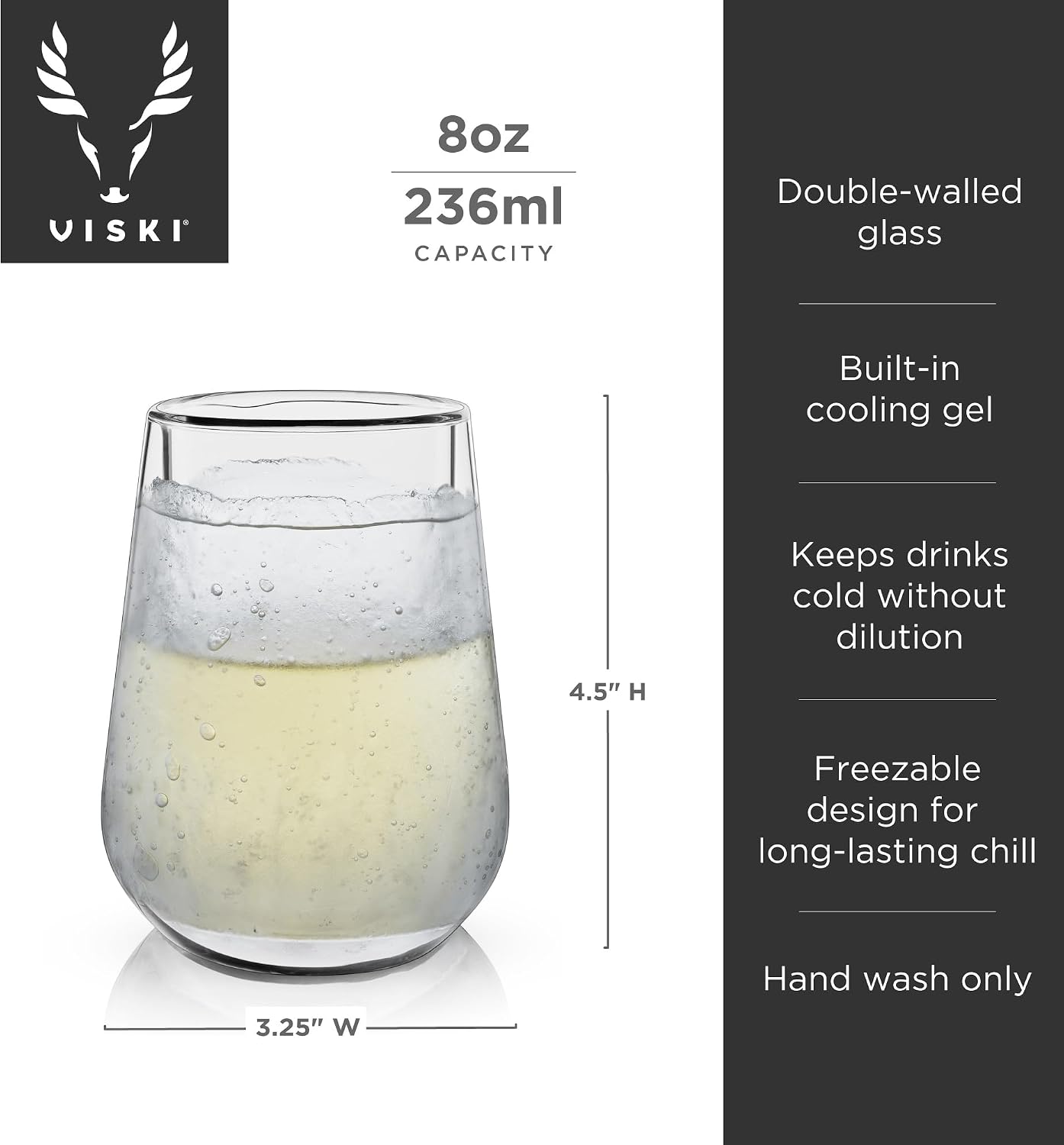 Viski Glacier Double Walled Beer Glass with Active Cooling Gel, Perfect for Cold Drinks at Indoor and Outdoor Parties, Special Occasions, Home Bar Accessories, Great Gifts for Men, 16 oz, Set of 1