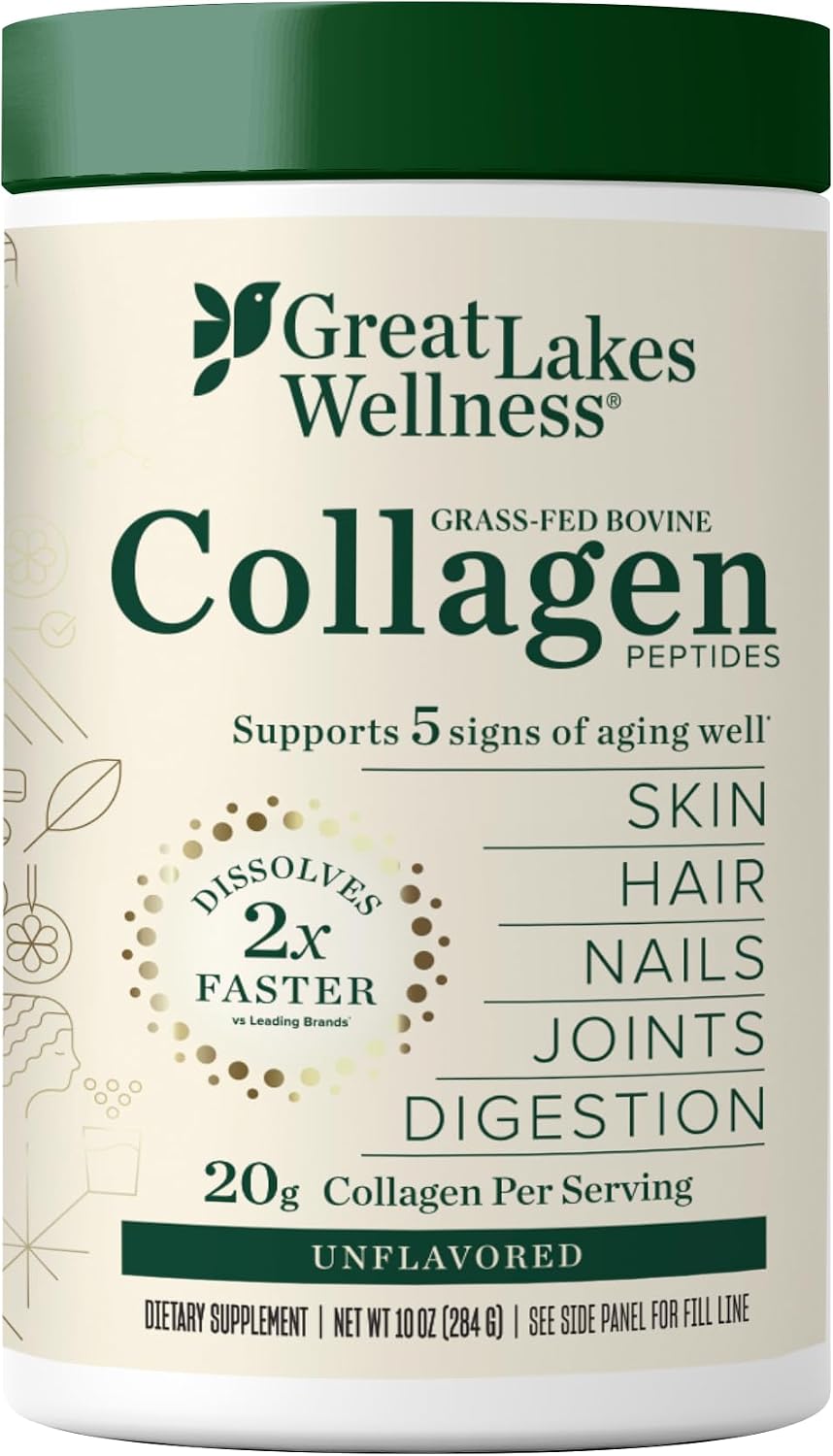 Great Lakes Wellness Collagen Peptides Powder – Supports Skin, Hair, Nails, Joints & Digestion – Hydrolyzed, Non-GMO, Keto & Kosher – Pure Collagen Protein (16 oz, 22 Servings) Packaging may vary
