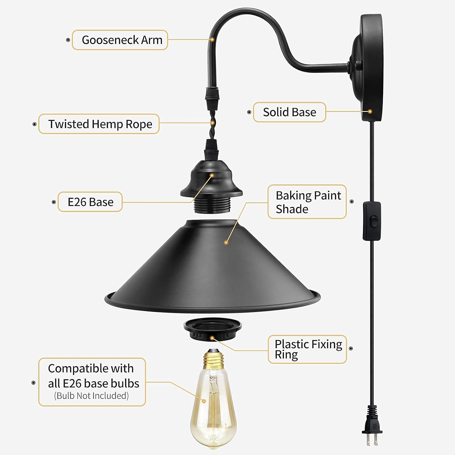 Plug in Wall Sconces, Vintage Plug in Wall Lamp Set of 2 with On/Off Switch