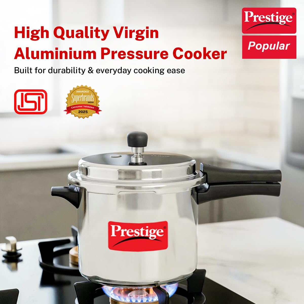 Prestige Popular Aluminum Pressure Cooker, 5 L, Silver