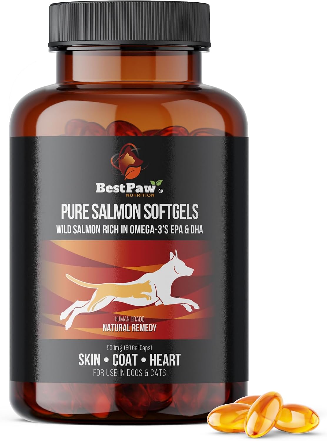 Wild Alaskan Salmon Oil for Dogs and Cats | Omega 3 Fish Oil Soft Gel Capsules | Skin and Coat, Joint and Heart Support | 500mg EPA DHA | 60 Count
