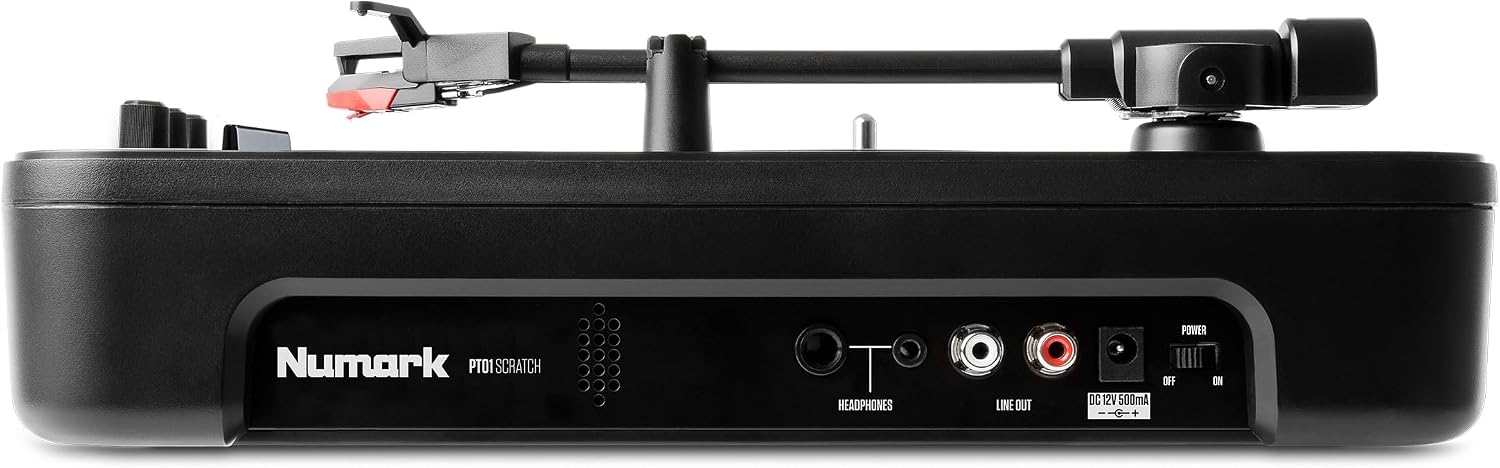 Numark PT01 Scratch Portable DJ Turntable | Scratch Switch, Built-In Speaker, 3-Speed Playback, USB Out, AC and Battery Power for Portablists