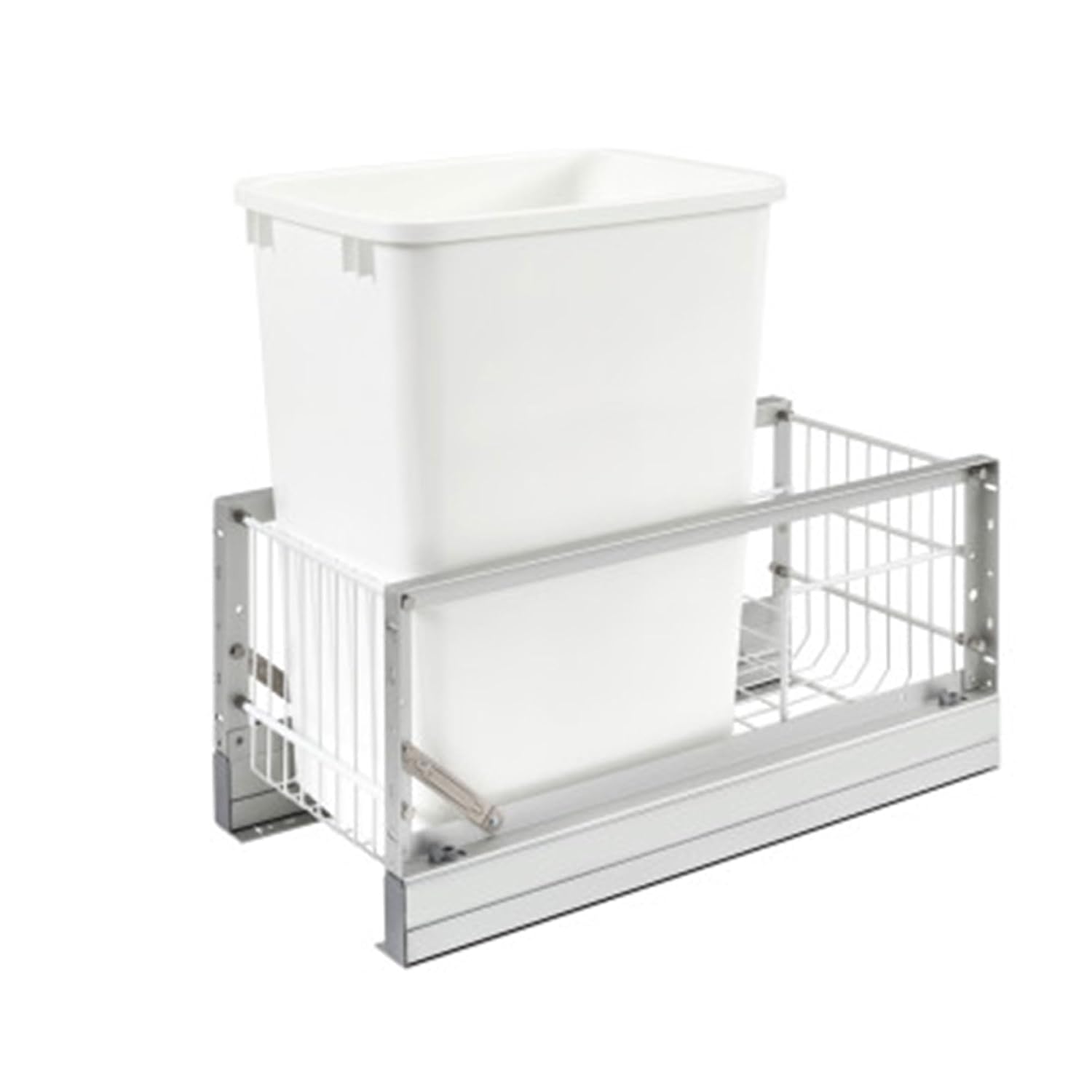 Rev-A-Shelf 35 Qt Aluminum Bottom Mount Double Pullout Waste Container w/Soft-Close for Base Kitchen Cabinets, Min. 15" Opening Width, Silver & White, 5349-15DM18-2