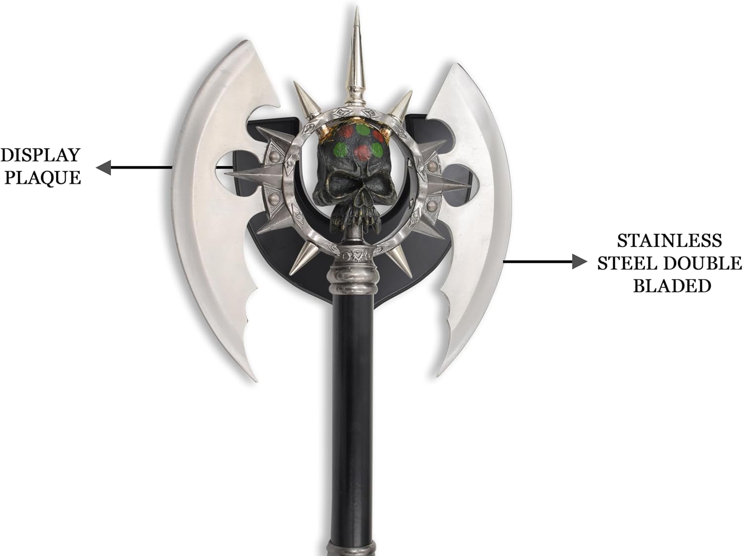 BladesUSA – Fantasy Axe – Full Size Fantasy Medieval Battle Axe, Dual Blades and 11 Steel Spikes Around Center Skull. Wire Wrapped Handle