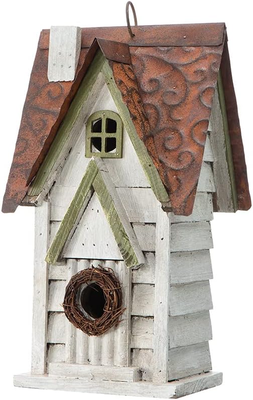 Glitzhome 12" H Green Hanging Distressed Solid Wood Garden Bird House Decorative Birdhouse