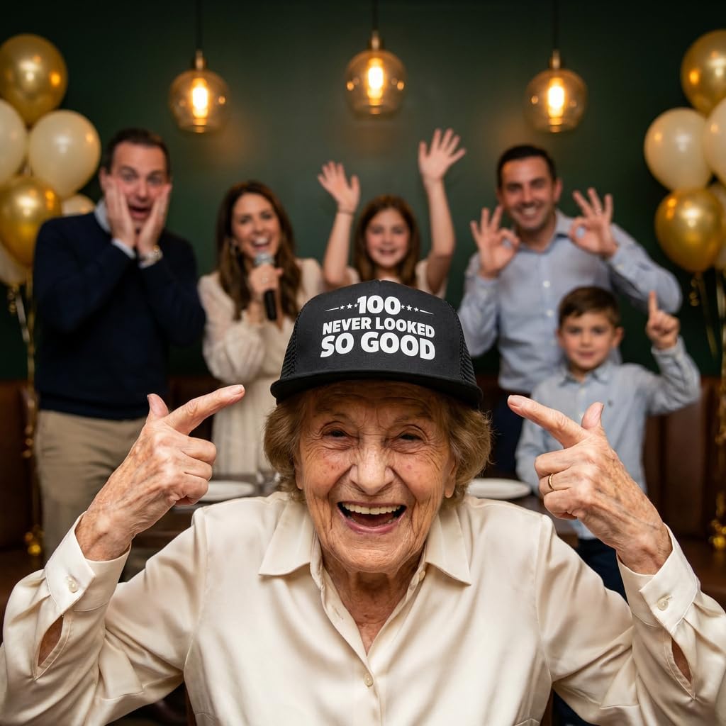 Sterling James Co. 100 Never Looked So Good Novelty Trucker Hat - Funny 100th Birthday Gifts for Him or Her - Birthday Party Decorations and