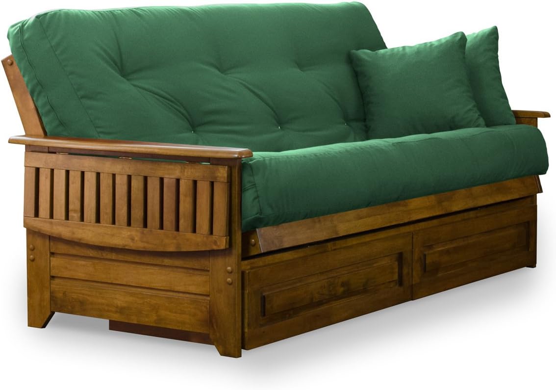Brentwood Tray Arm Futon Frame, Drawers, and Khaki Mattress Set - Queen, Rich Heritage Finish