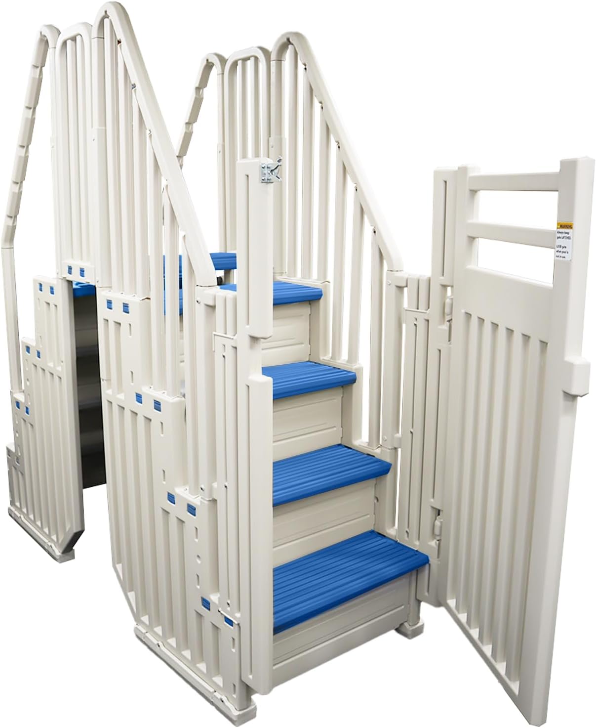 Confer Entry System for Above Ground Pools | White Frame with Blue Steps | All Resin Bridge System with Handrails and Gate