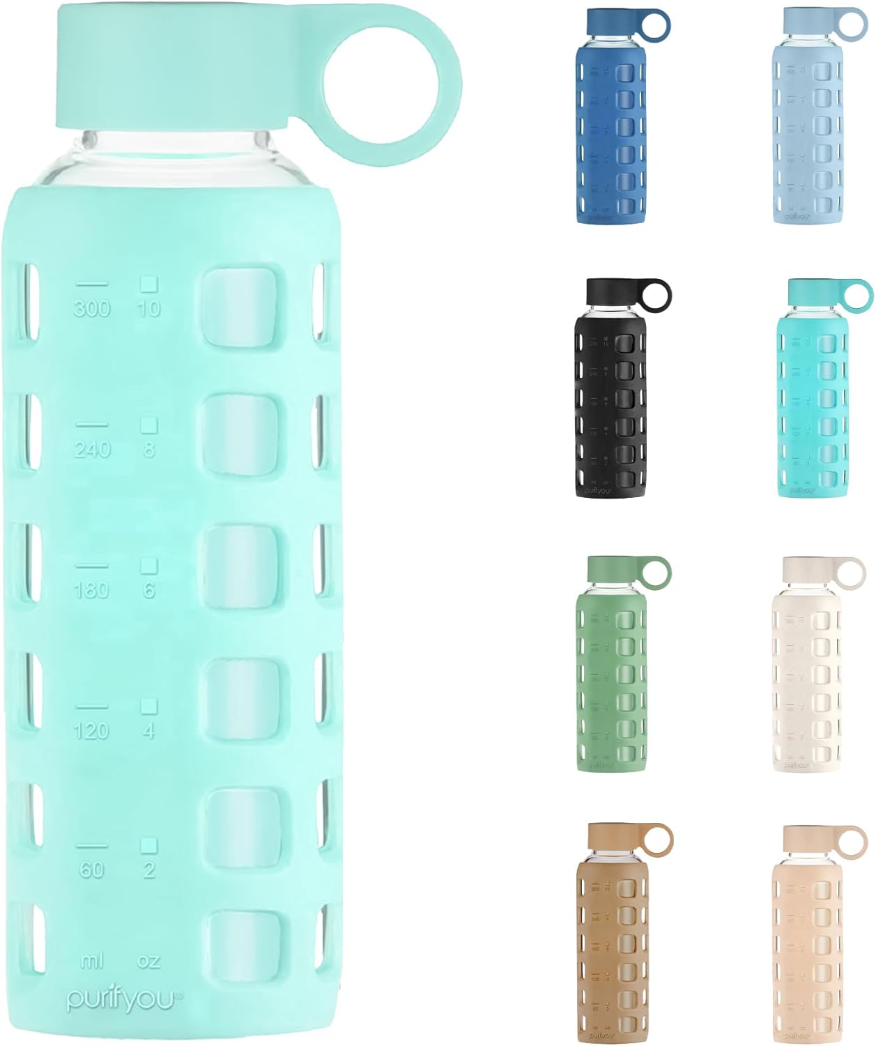 purifyou 40oz / 32oz / 22oz / 12oz Borosilicate Glass Water Bottle with Time & Volume Markers, Silicone Sleeve