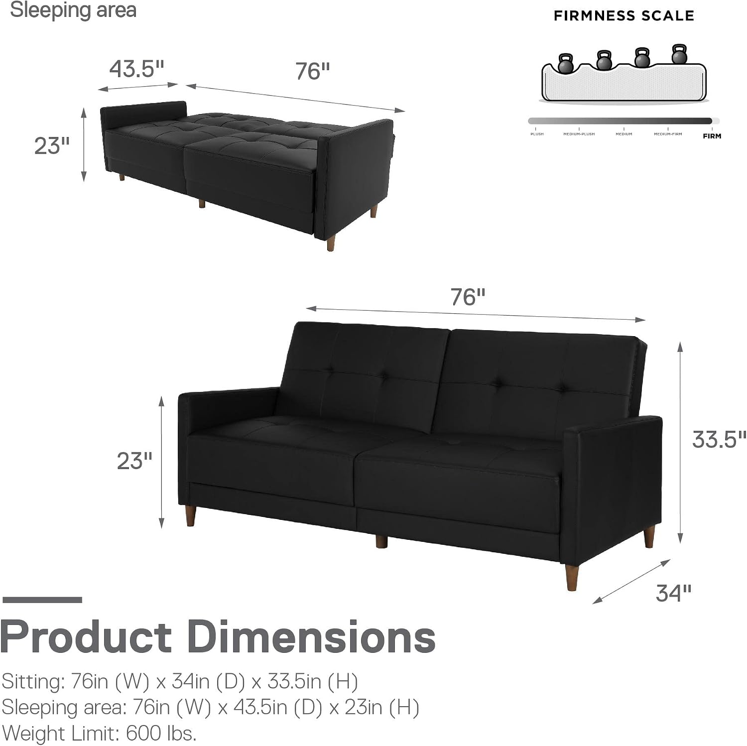 DHP Andora 76 Inch Futon Sofa Bed, Modern Upholstered Couch Sleeper with Button Tufted Back and Seat, Navy