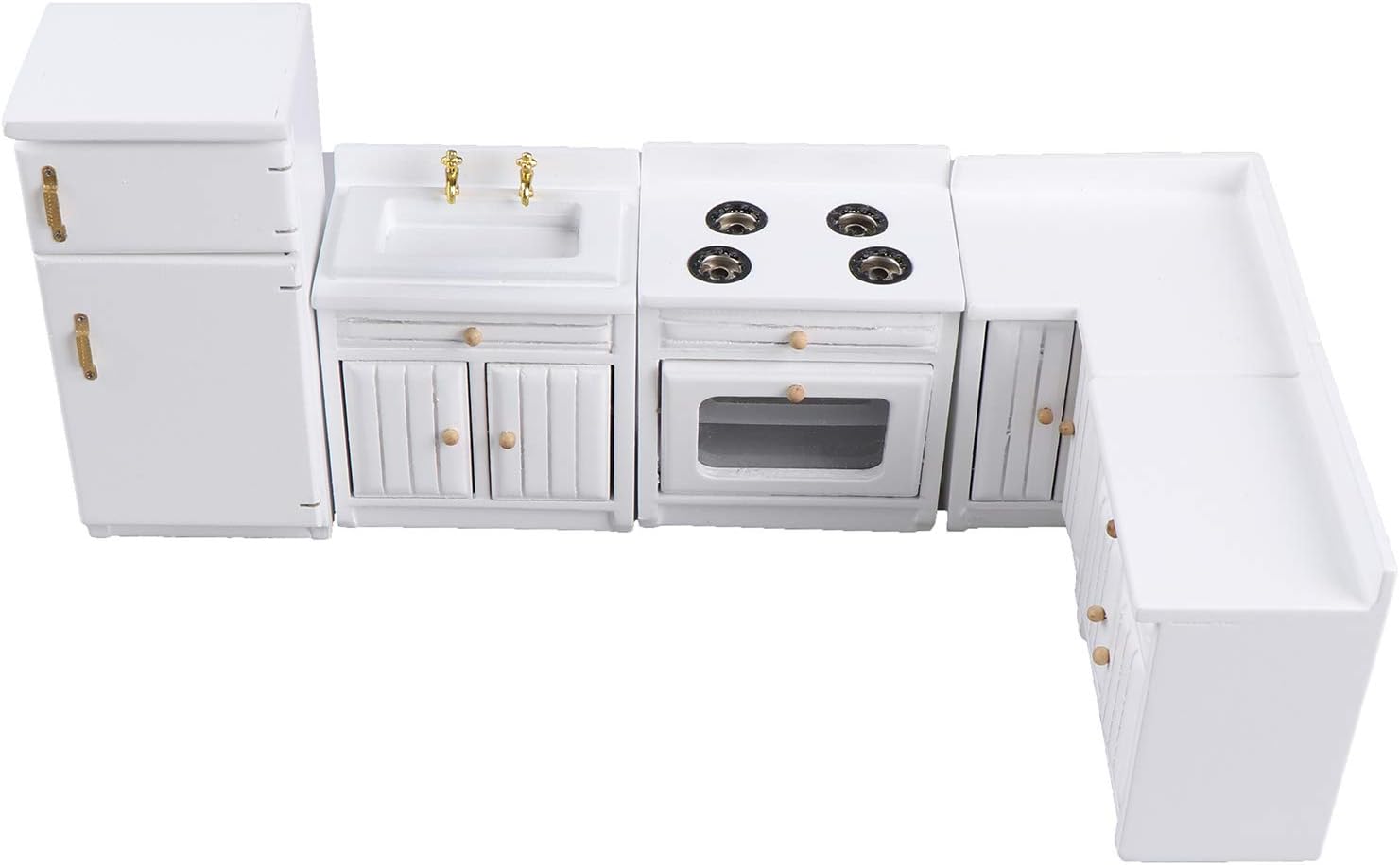 1:12 Scale Dollhouse Kitchen Furniture Set, 5 Piece Wooden Miniature Kitchen Accessories with Cabinet, Fridge, Sink, Corner Cabinet