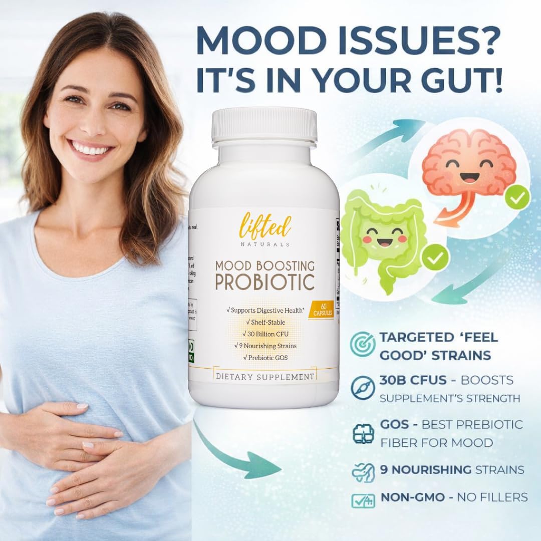 Lifted Naturals Mood Boosting Probiotic 30 Billion CFU - Mood Support Supplement, Prebiotics and Probiotics for Women & Men