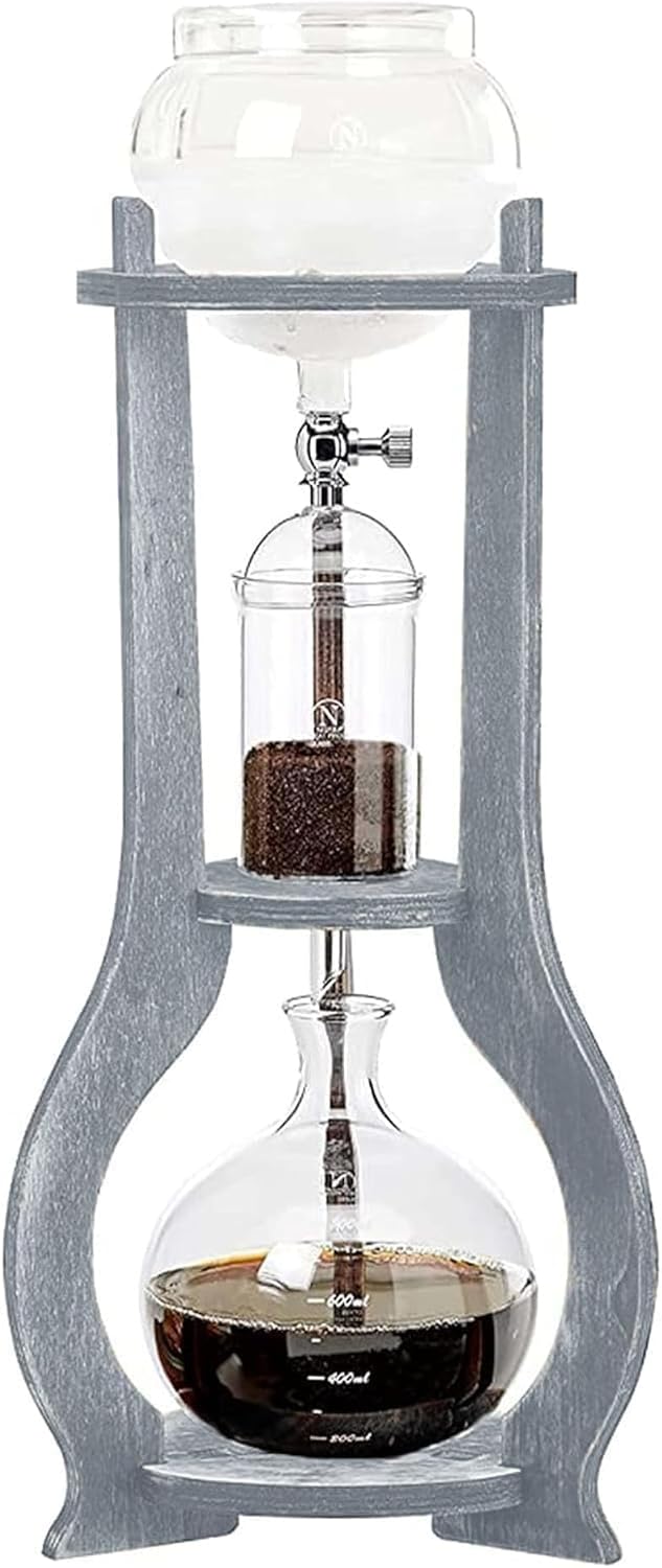 Nispira Iced Coffee Cold Brew Drip Tower Coffee Maker, 6–8 Cup Manual Cold Brew Brewer with Adjustable Valve, Wooden Frame & Glassware, Slow Cold Extraction System