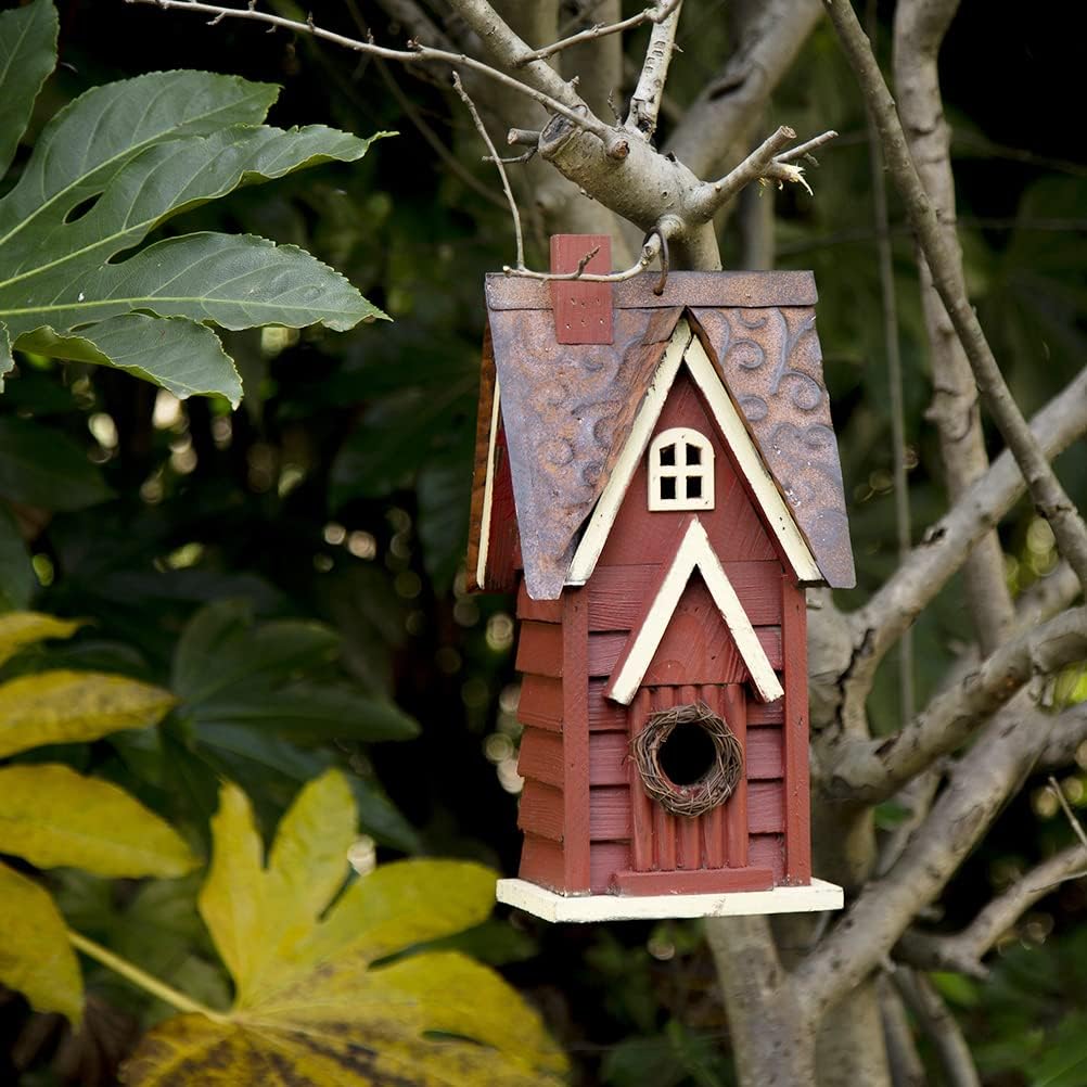 Glitzhome 12" H Green Hanging Distressed Solid Wood Garden Bird House Decorative Birdhouse