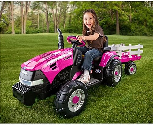 Peg Perego Case IH Magnum Tractor and Trailer Extra-Large 12 Volt Ride on, Pink. Durable Design for Kids Ages 3-7