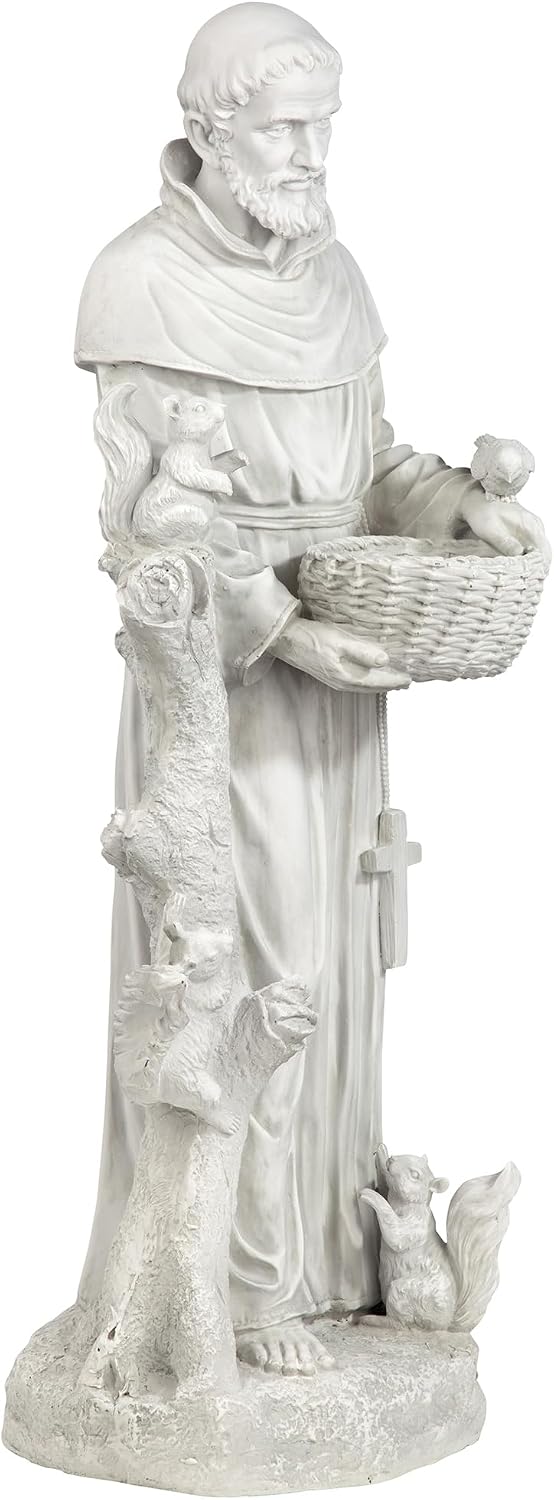 Design Toscano Francis of Assisi Blessing Religious Garden Decor Statue with Bird Bath Feeder, 19 inches Tall, Cast Stone Resin, Gray Stone Finish