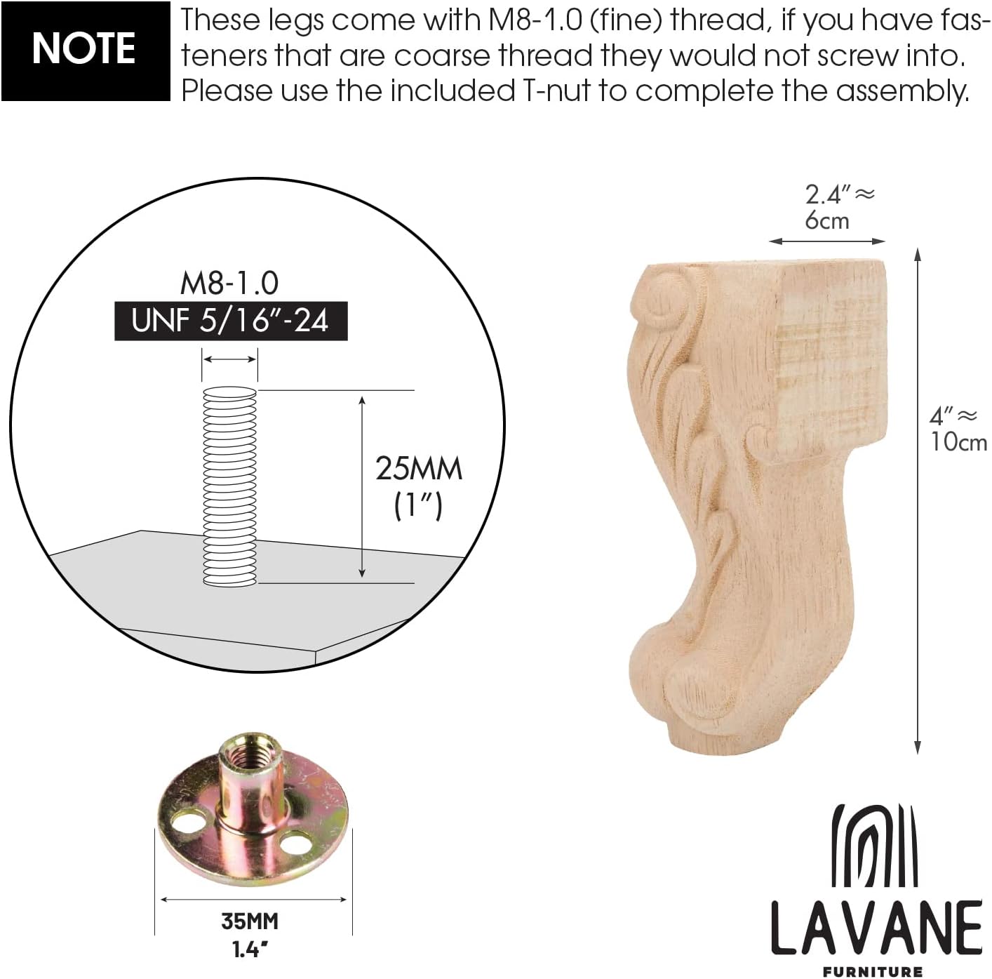 La Vane 6 inch / 15cm Wooden Furniture Legs, Set of 4 European Style Solid Wood Carving Furniture Replacement Feet Decoration for Sofa Cabinet Wardrobe Table Loveseat