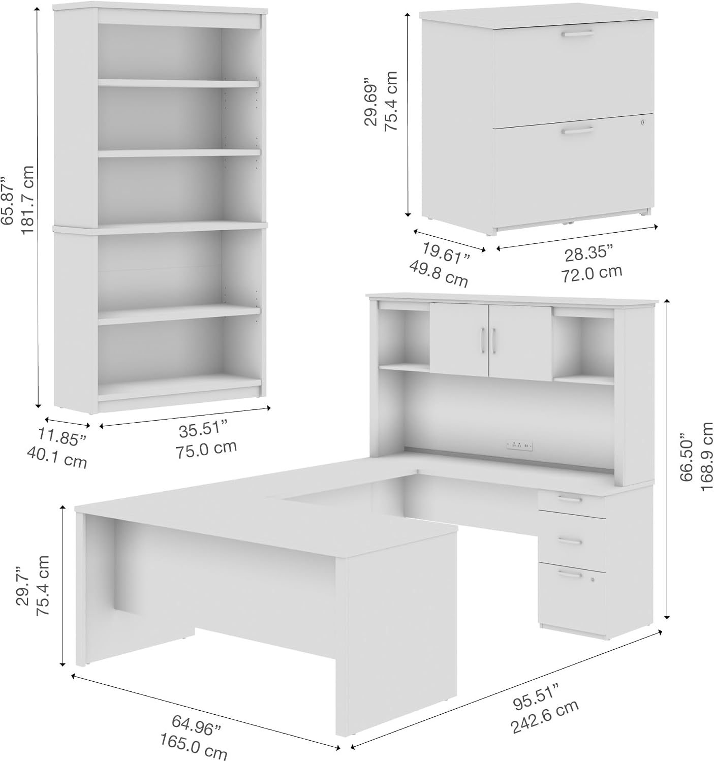 Bestar U or L Shaped with Hutch and File Cabinet, Bark Grey, Logan, 66W