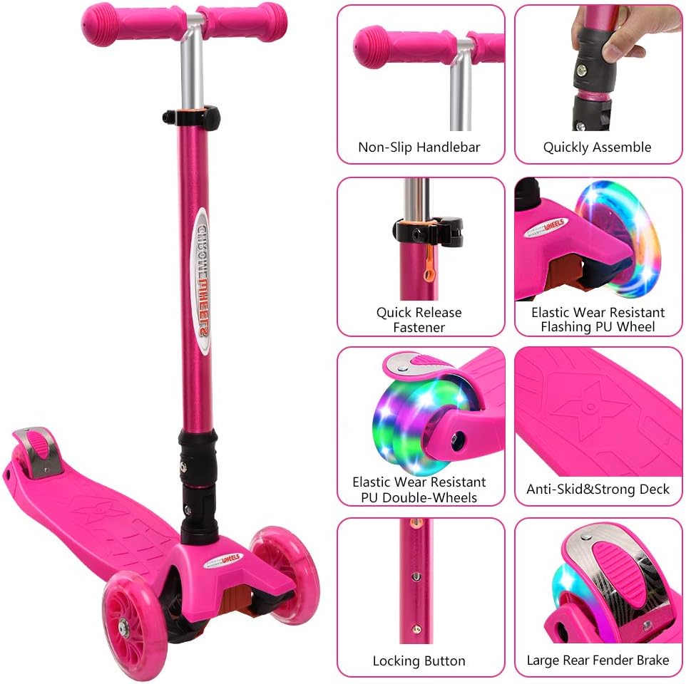 ChromeWheels Foldable Scooters for Kids, Deluxe Kick Scooter 4 Adjustable Height 132lbs Weight Limit 3 Wheel, Lean to Steer LED Light Up Wheels