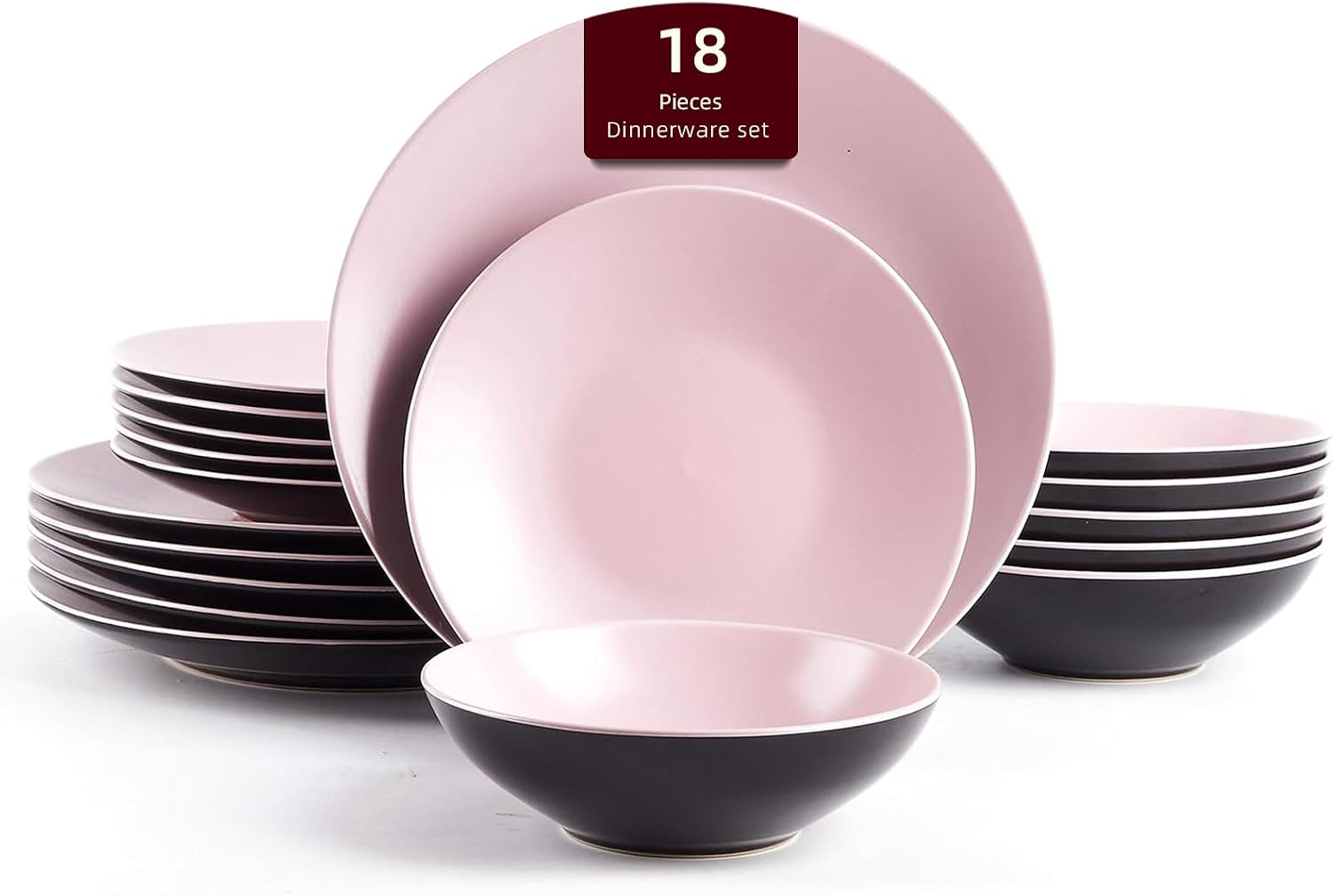 Stoneware Two-Tone Colors Life 16pc Dinner Set，Outside Shiny Black + Inside Matte Glaze Olive