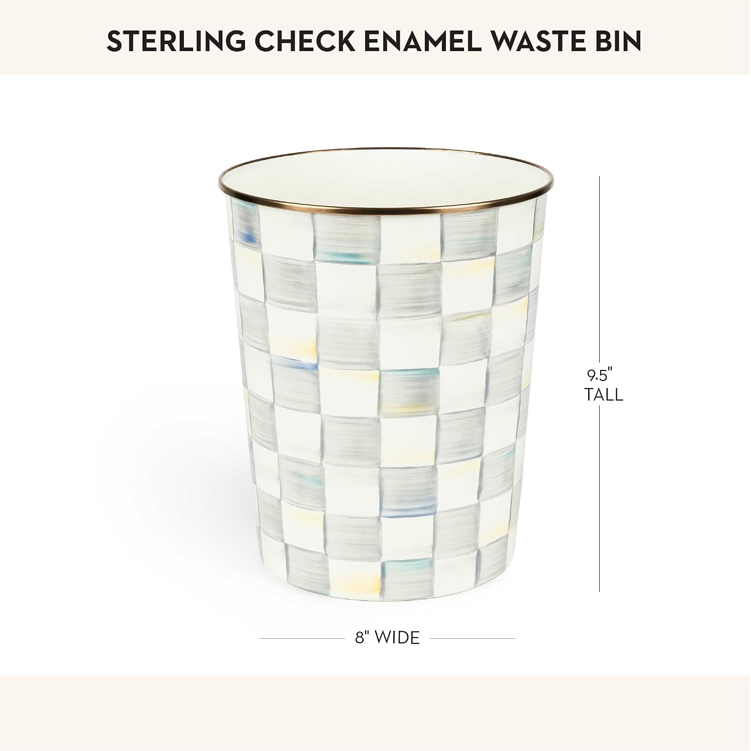 MACKENZIE-CHILDS Waste Bin, Black-and-White Courtly Check | Hand-painted design, made from enameled steel, decorative bedroom or bathroom trash can, 8" dia. x 9.5" H